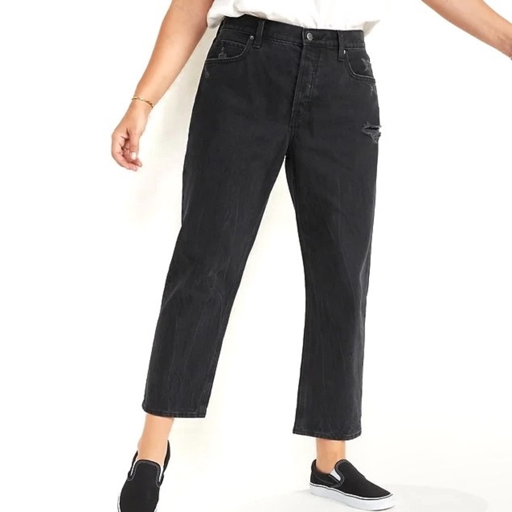 Old Navy | High Rise Slouchy Straight Jeans Black Button‎ Fly Size 16